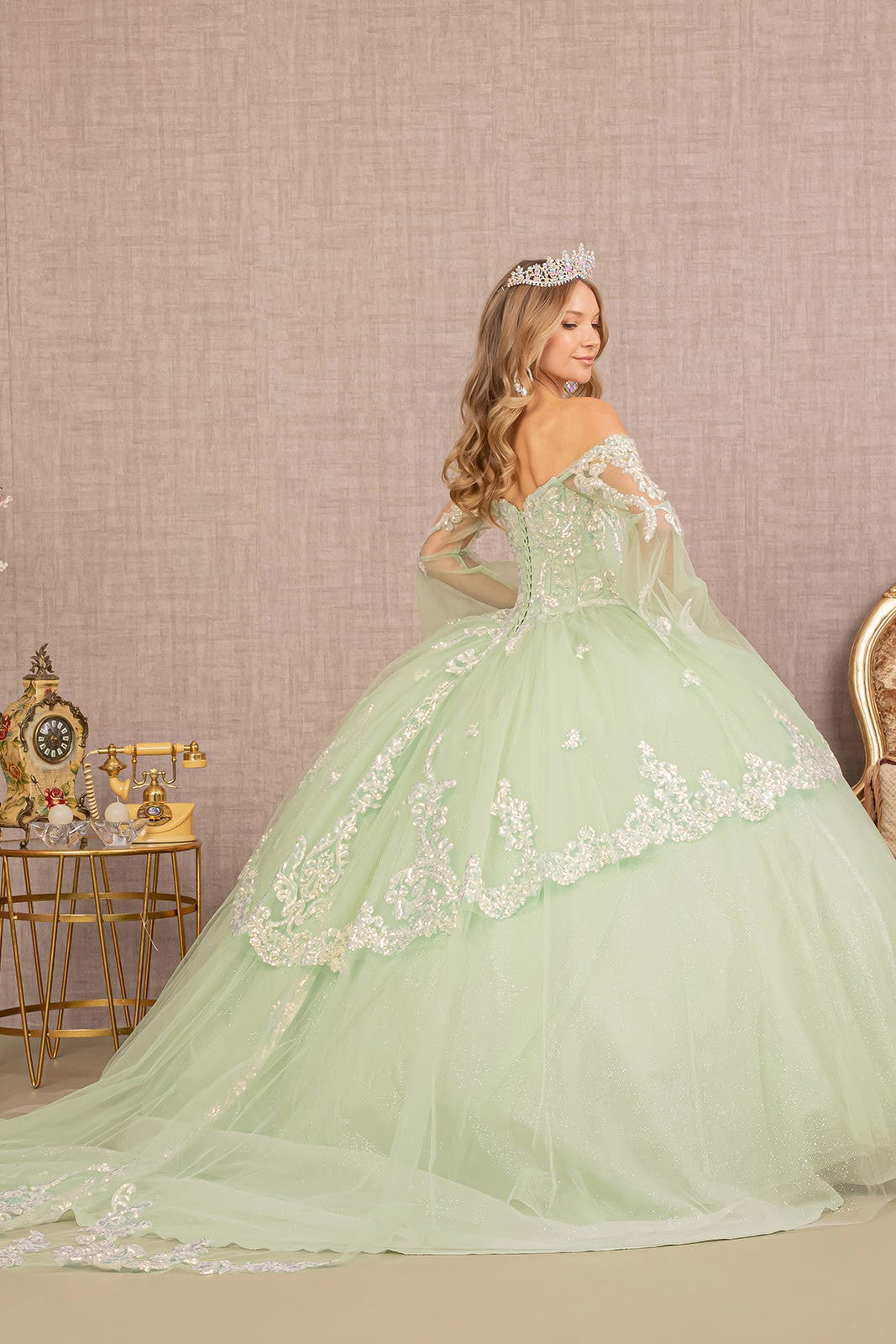 Long Sleeve Glitter Layered Hem Quinceanera Gown