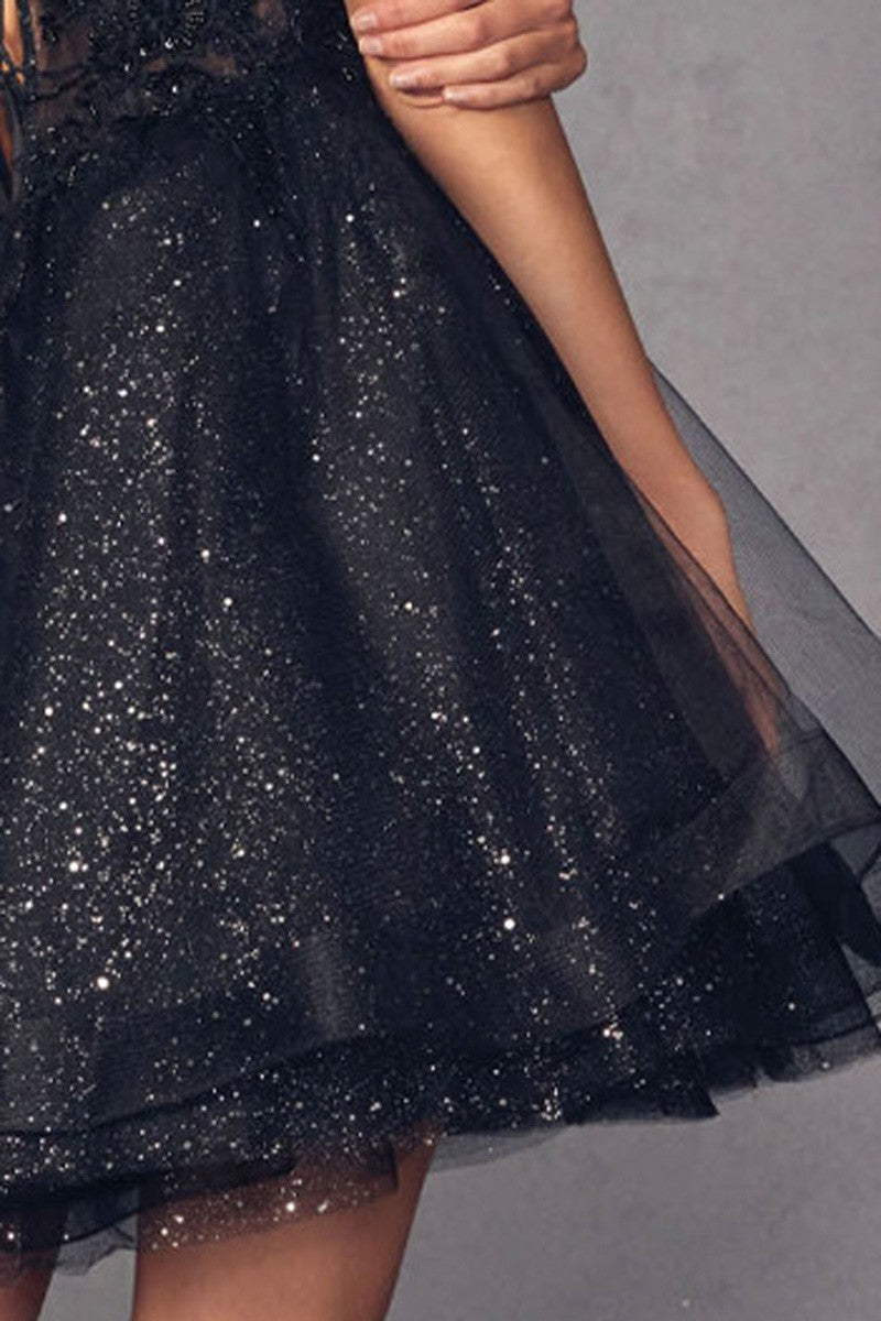 Black Off the Shoulder Short Sleeve Glitter Dress