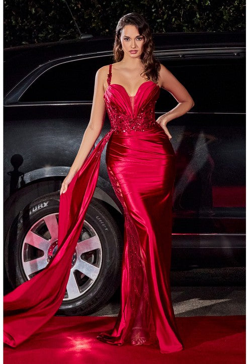 Sleeveless Satin Fitted Dress w/Sash