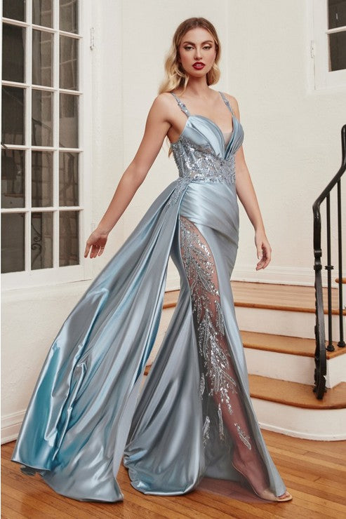 Sleeveless Satin Fitted Dress w/Sash