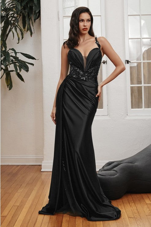 Sleeveless Satin Fitted Dress w/Sash