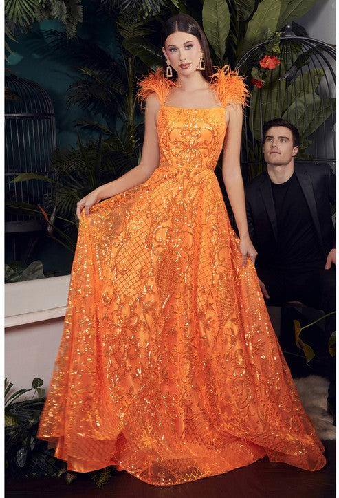 Orange Sequin Ball Gown with Feathers