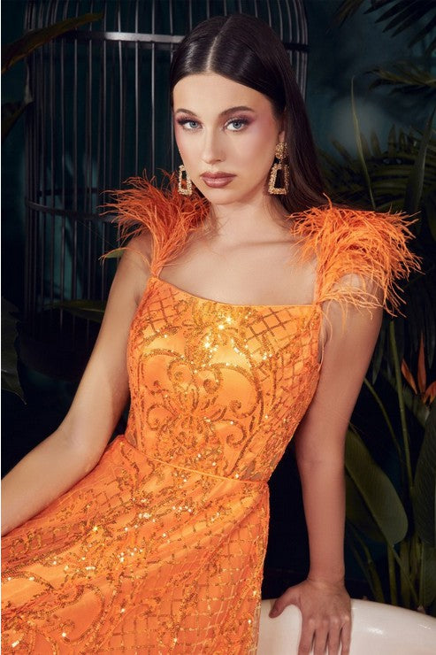 Orange Sequin Ball Gown with Feathers