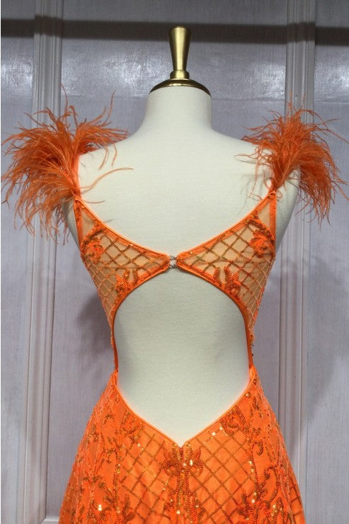 Orange Sequin Ball Gown with Feathers