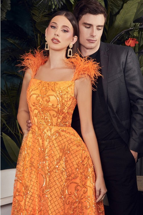 Orange Sequin Ball Gown with Feathers