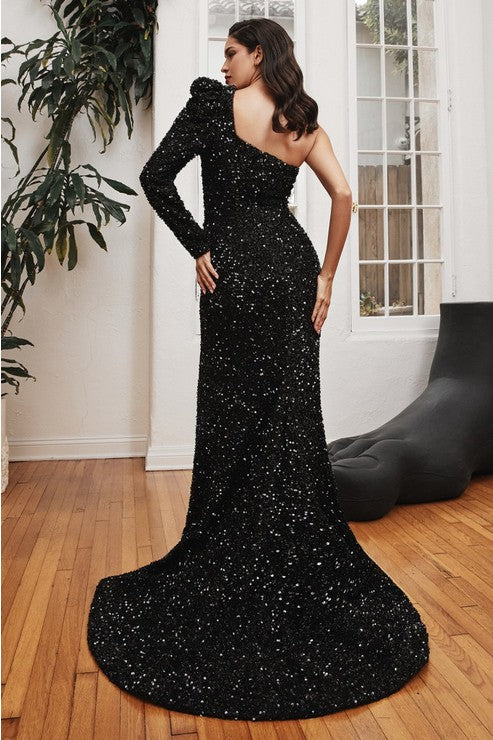 Black One Shoulder Long Sleeve Fitted Sequin Dress