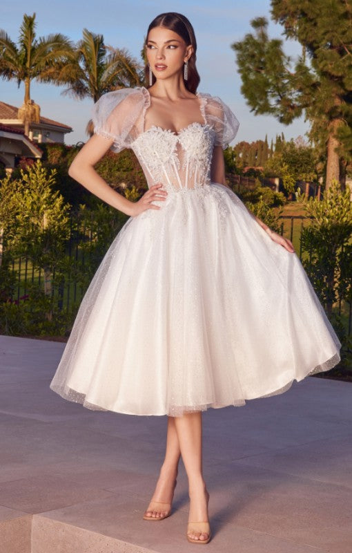 Tea Length Glitter Tulle Wedding Dress