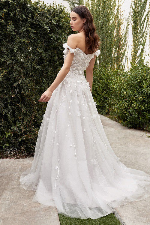 Off the Shoulder Floral Applique Wedding Dress