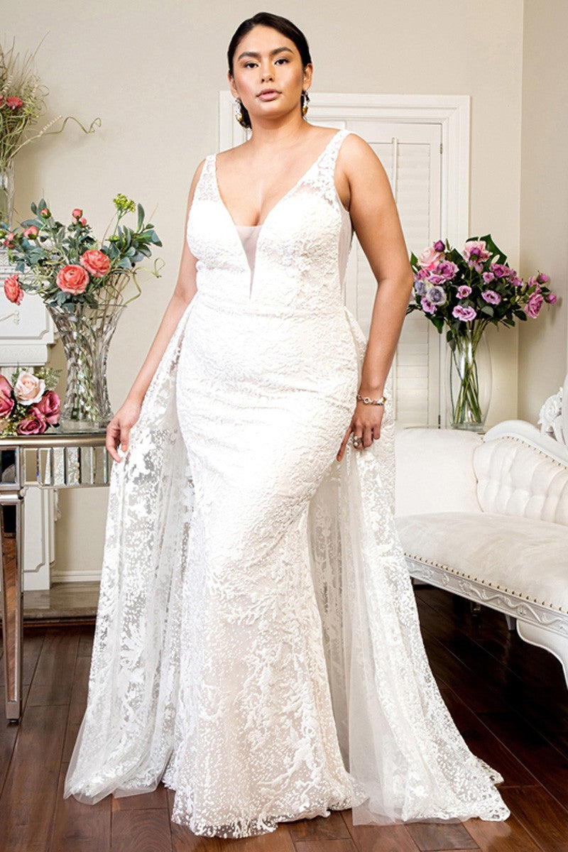 Plus Size Illusion Mermaid Wedding Dress w/Detachable Overskirt.