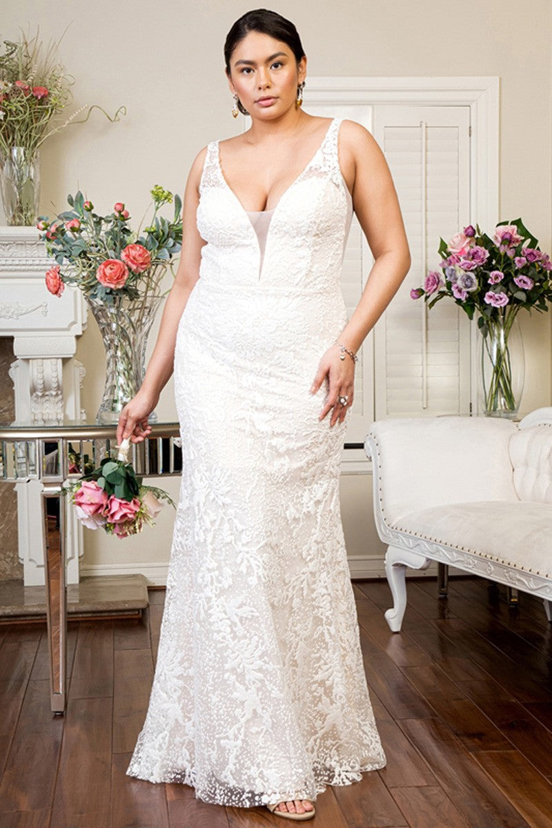 Plus Size Illusion Mermaid Wedding Dress w/Detachable Overskirt.