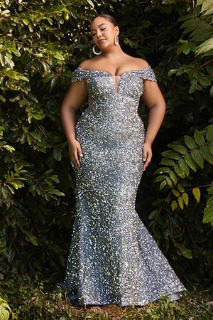 Prom Plus Off the Shoulder V Neck Sequin Dress