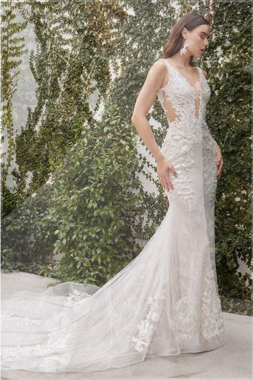 Sleeveless Lace Applique Cut Out Wedding Dress