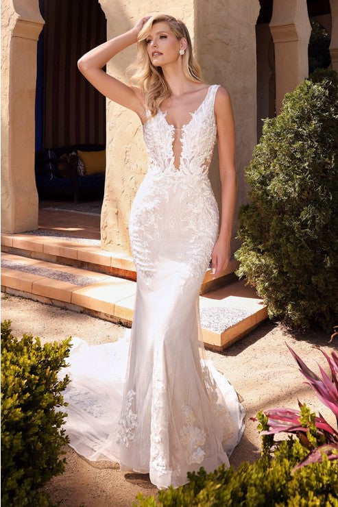 Sleeveless Lace Applique Cut Out Wedding Dress