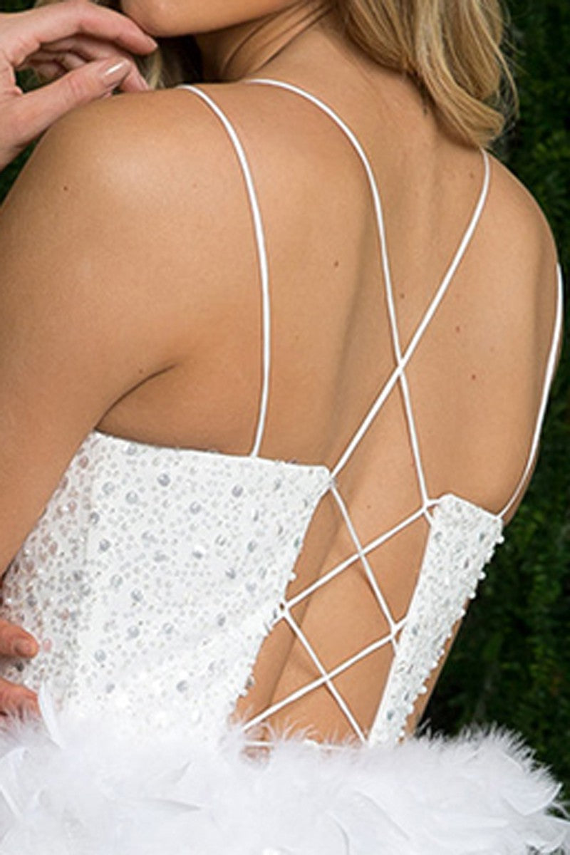 White Sleeveless Sequin and Feather Dress