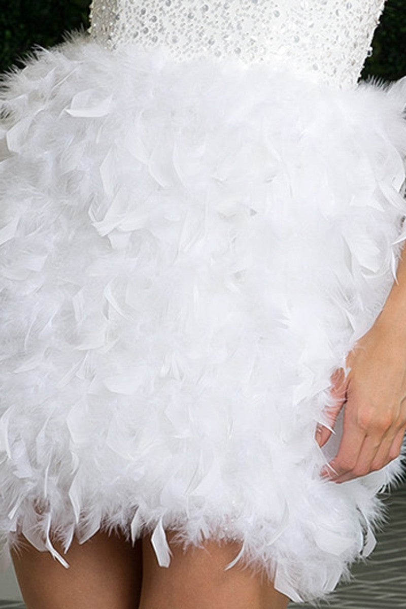 White Sleeveless Sequin and Feather Dress