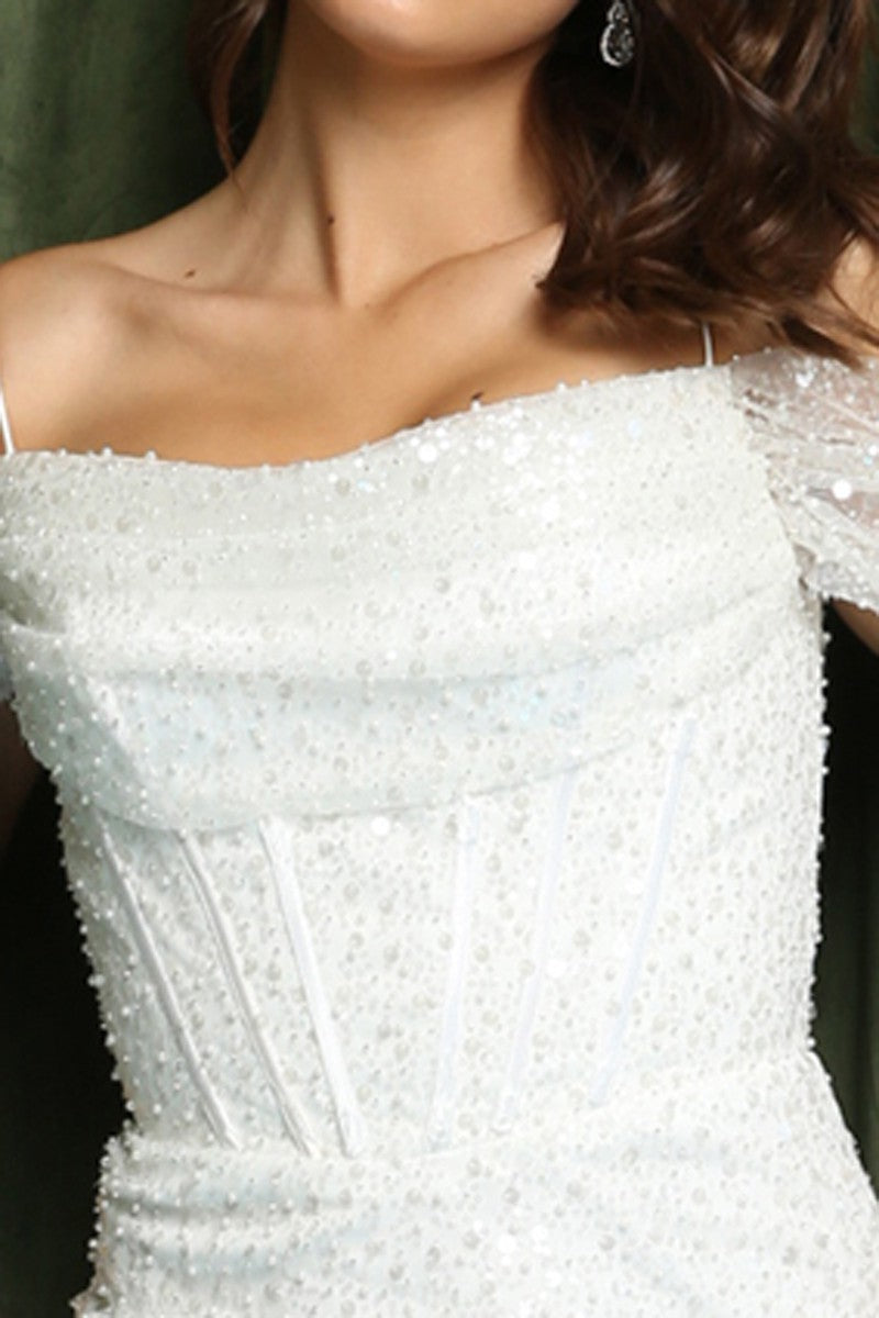 White Sequin Off Shoulder Corset Dress