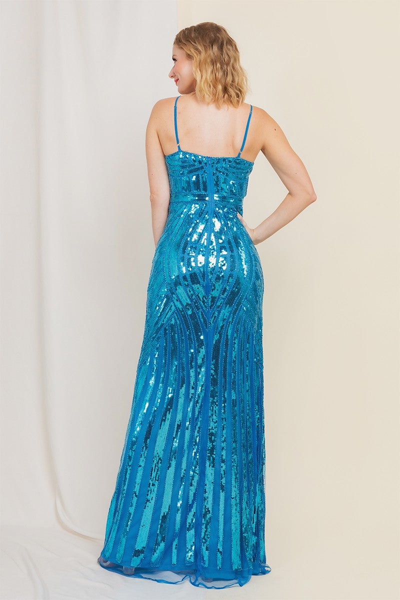 Teal Blue Sequin V Neck Strapless Dress