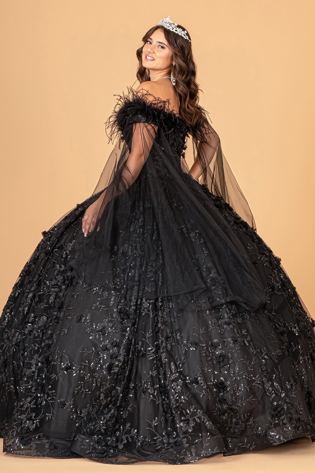 Black Off the Shoulder Feather Quinceanera Dress