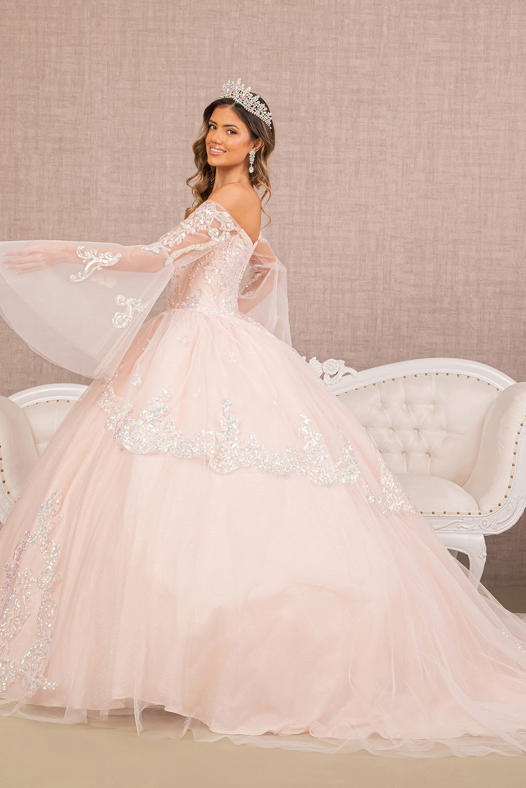 Long Sleeve Glitter Layered Hem Quinceanera Gown