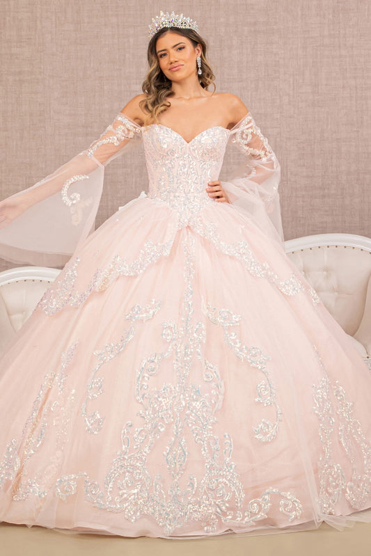 Long Sleeve Glitter Layered Hem Quinceanera Gown