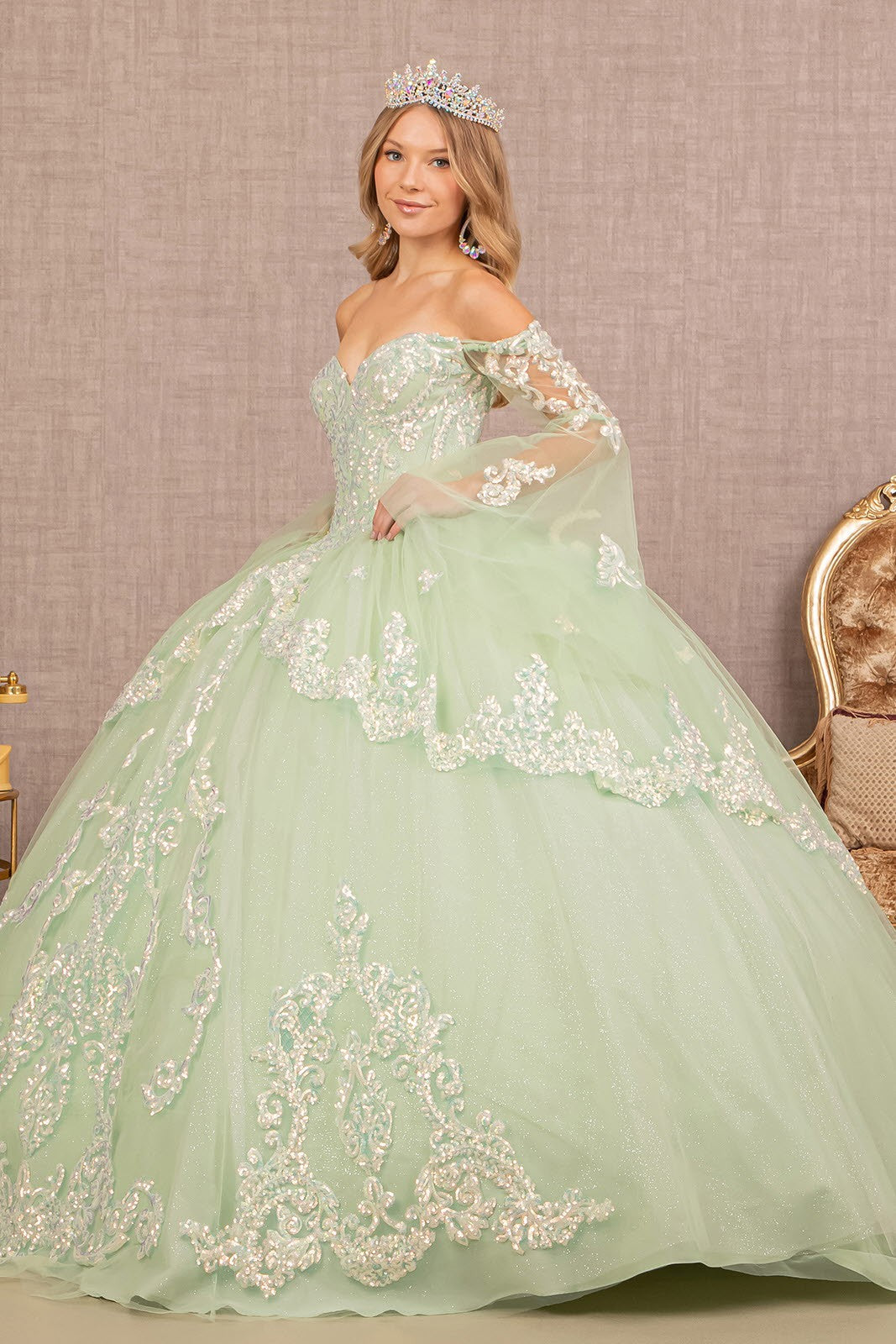 Long Sleeve Glitter Layered Hem Quinceanera Gown