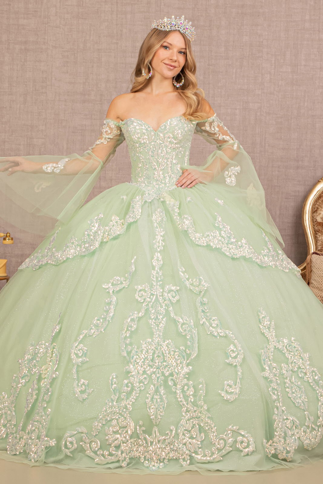Long Sleeve Glitter Layered Hem Quinceanera Gown