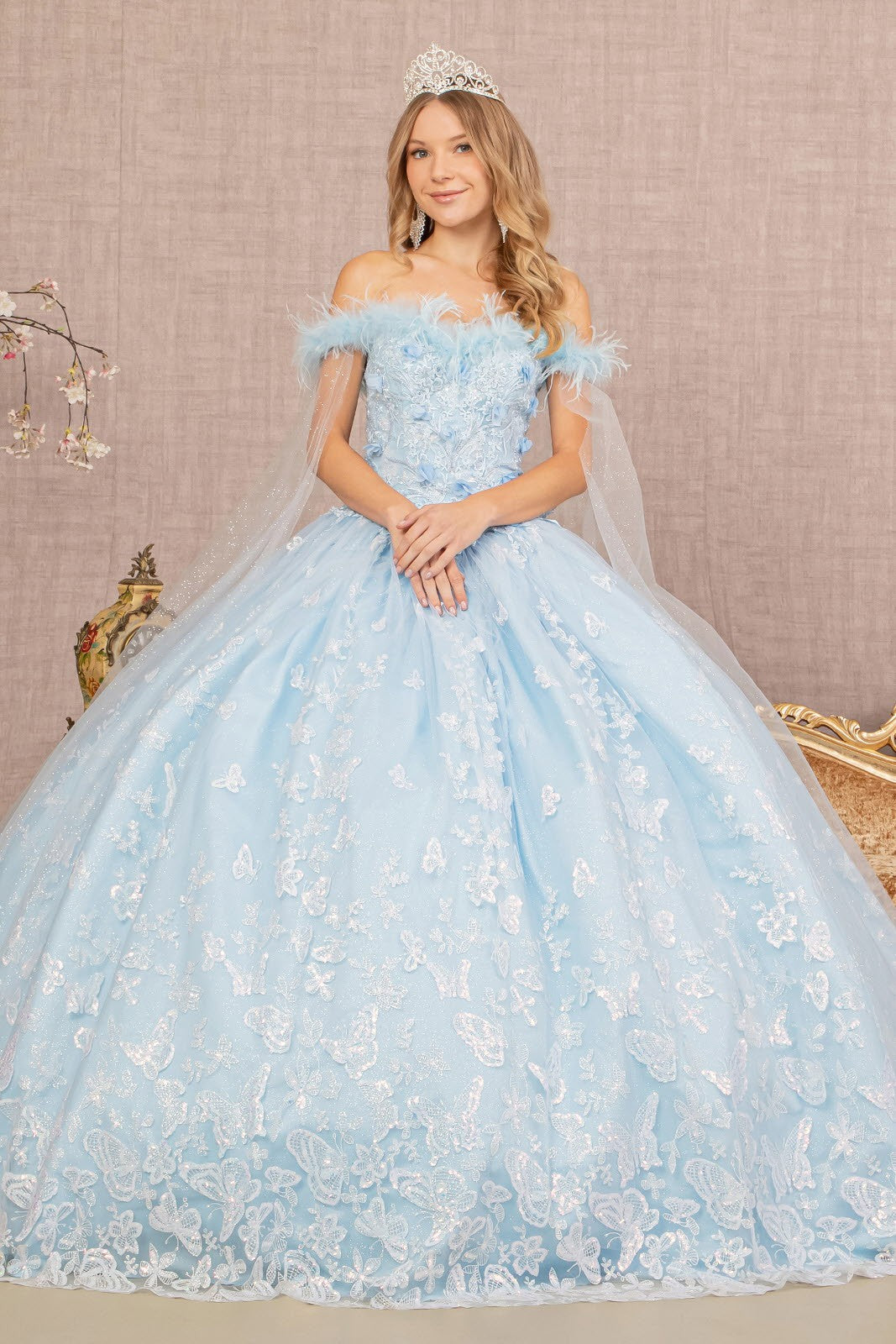 Feather 3D Flower Quinceanera Gown