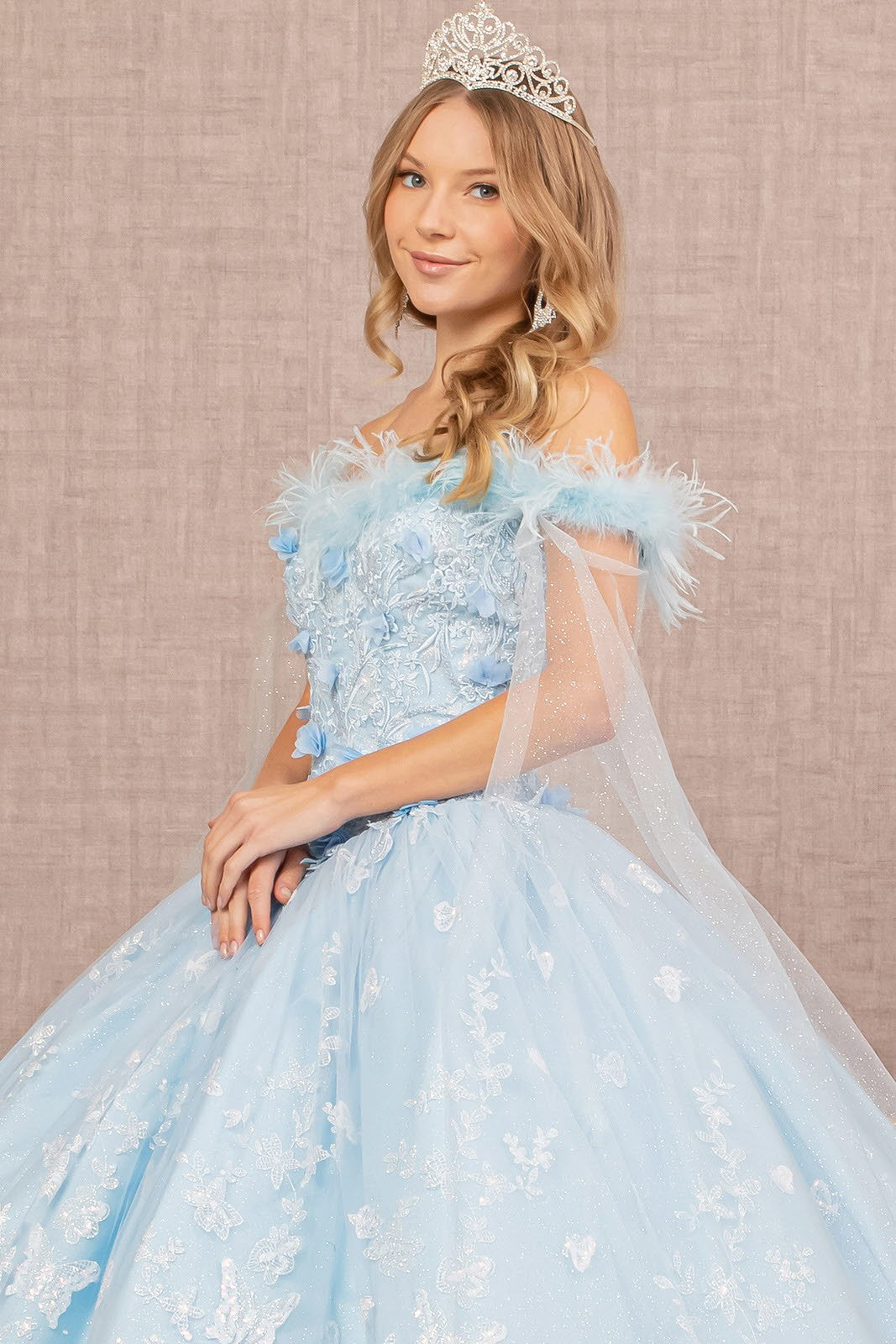 Feather 3D Flower Quinceanera Gown