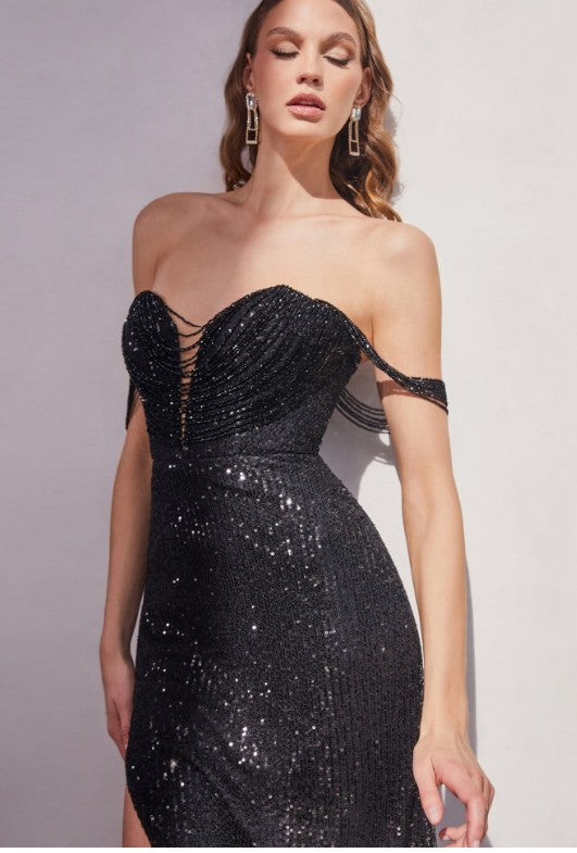 Strapless Draped Shoulders Sequin Dress