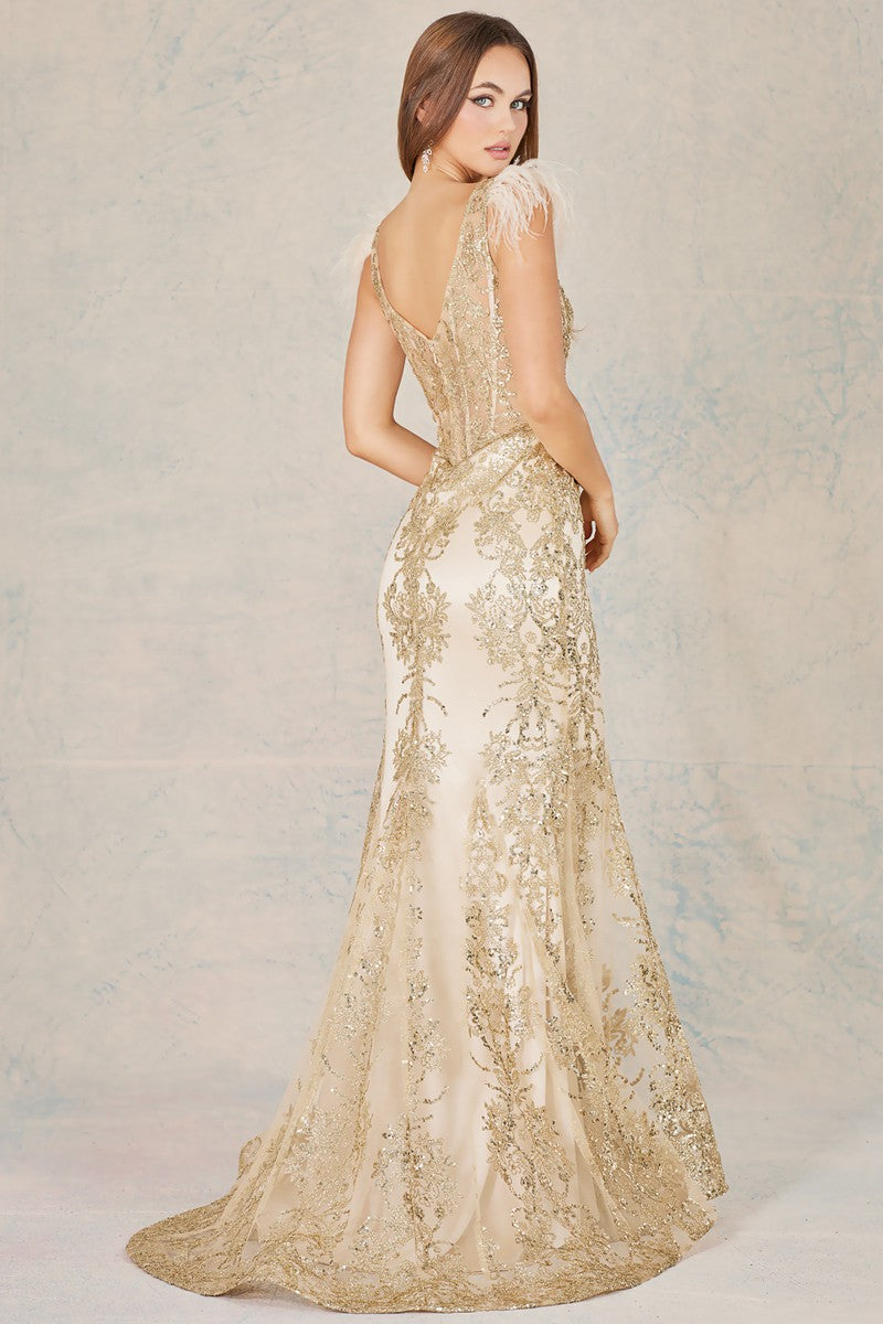 Deep V Neck Gliter Print Trumpet Dress with Feather Applique