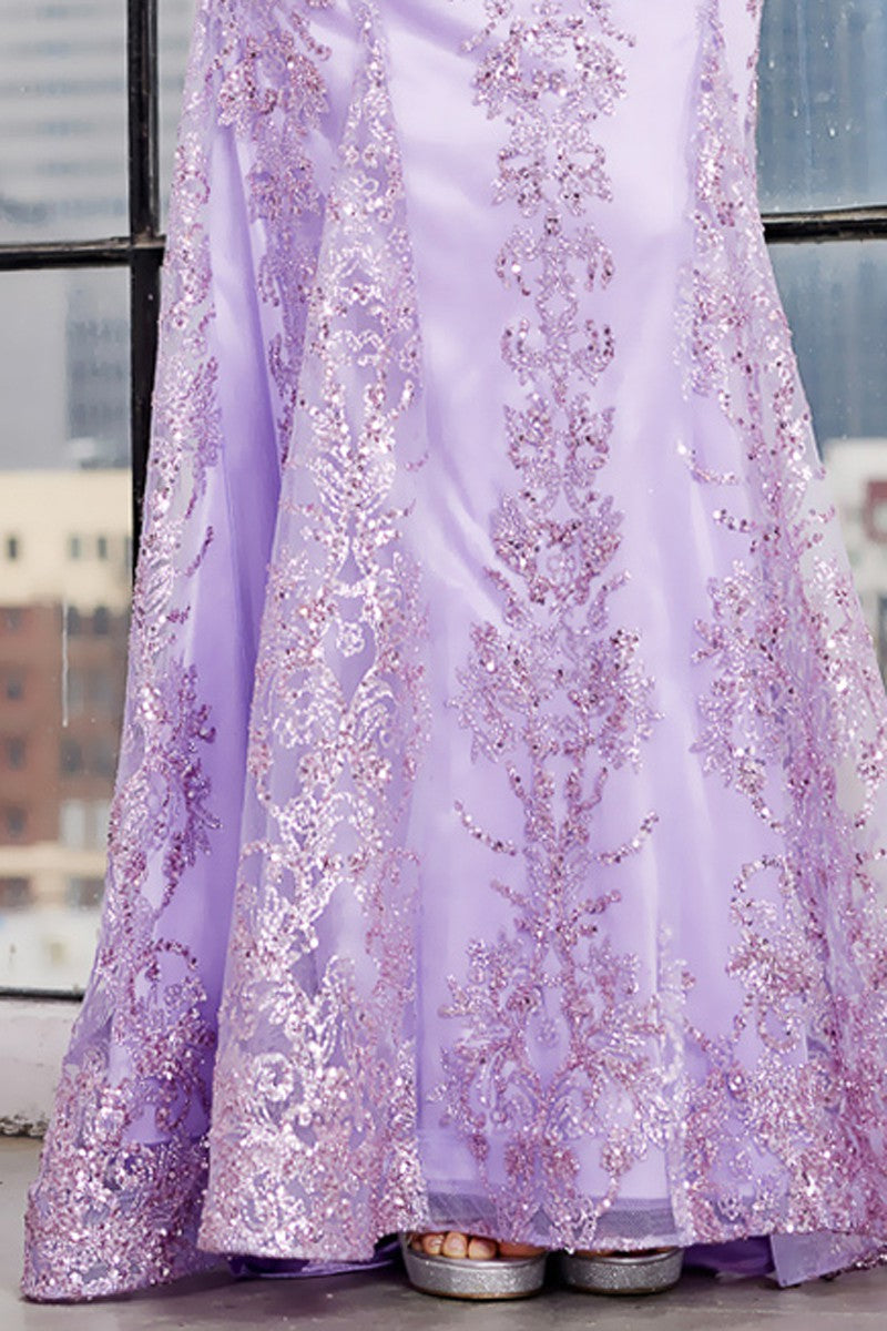 Deep V Neck Gliter Print Trumpet Dress with Feather Applique