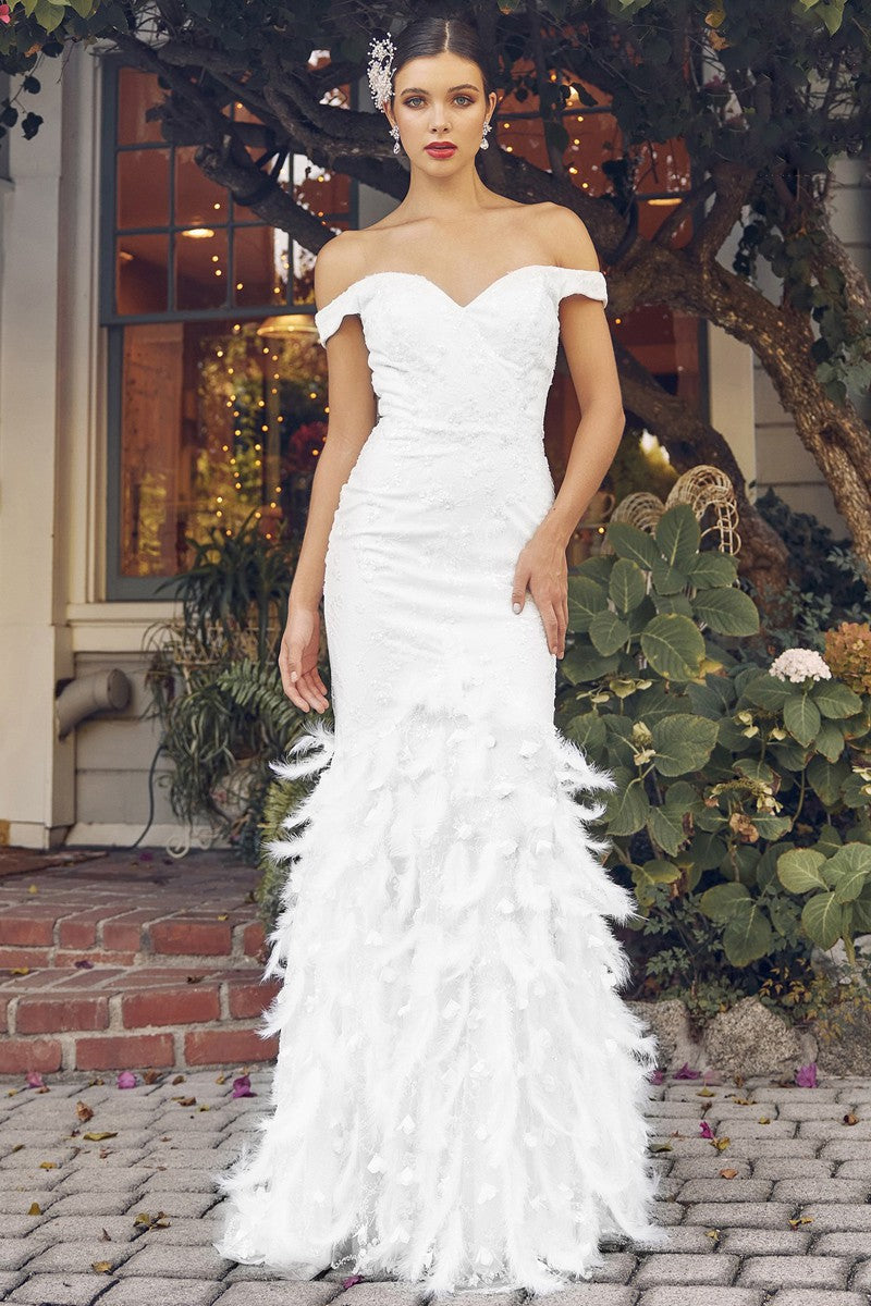 Feather Applique Off the Shoulder Embellished Wedding Dress