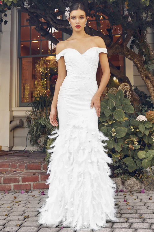 Feather Applique Off the Shoulder Embellished Wedding Dress