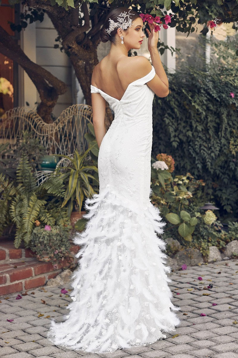 Feather Applique Off the Shoulder Embellished Wedding Dress
