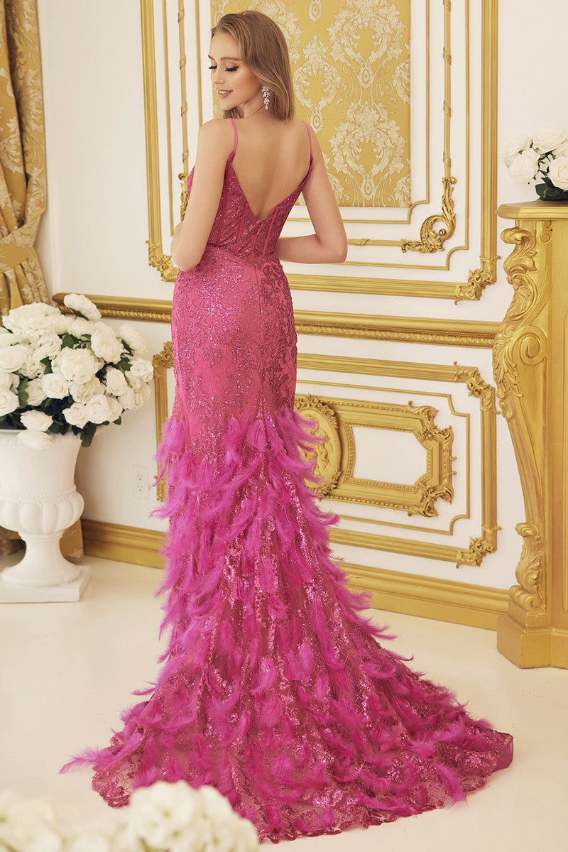 Sleeveless V Neck Feather Skirt Mermaid Dress