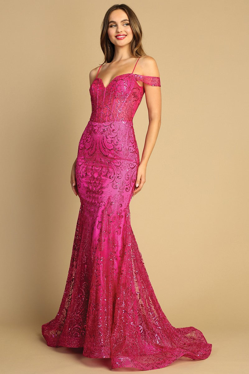 Glitter Print Illusion Top Trumpet Gown
