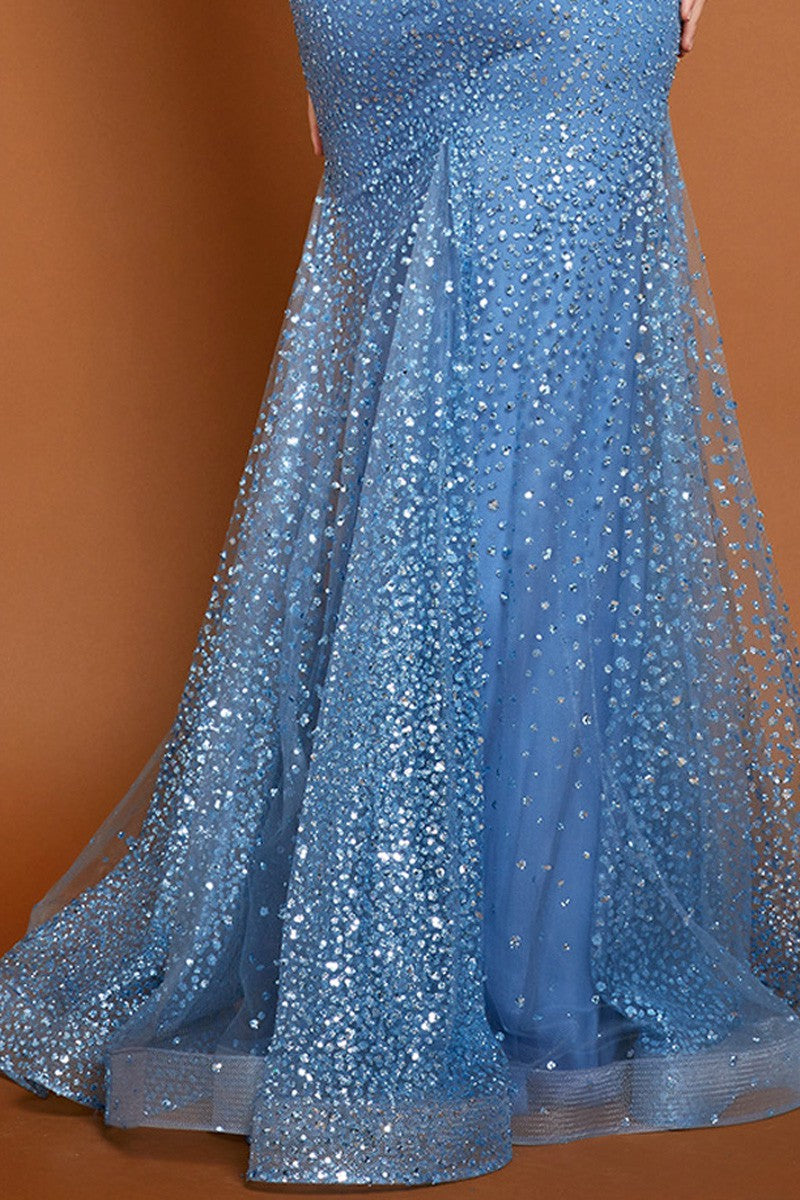 Blue Glitter Print Sleeveless Sweetheart Mermaid Dress