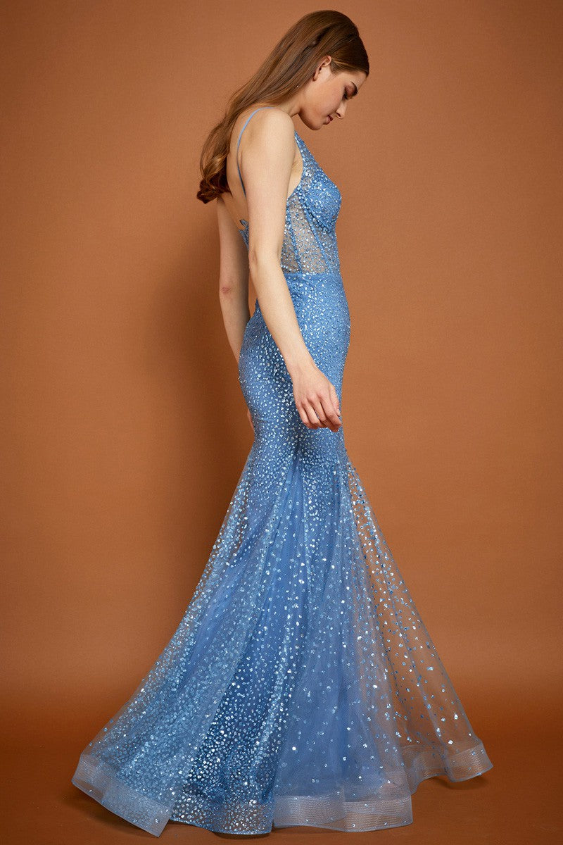 Blue Glitter Print Sleeveless Sweetheart Mermaid Dress