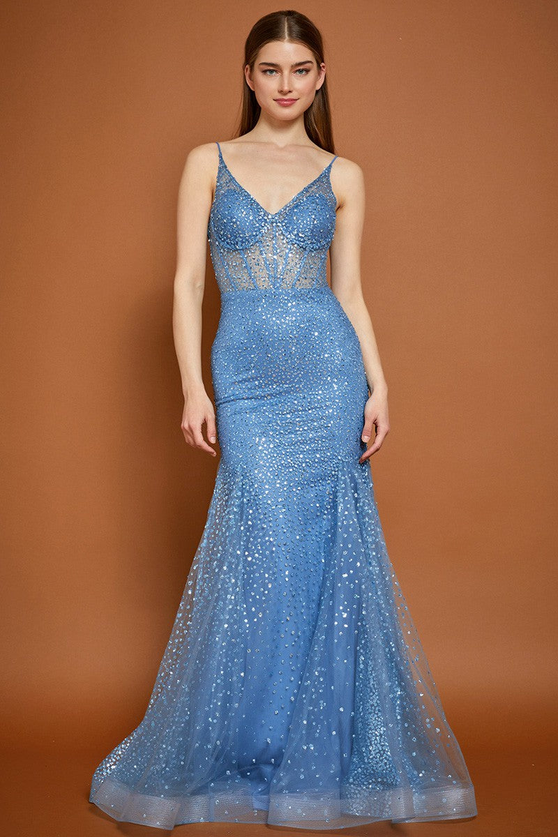 Blue Glitter Print Sleeveless Sweetheart Mermaid Dress