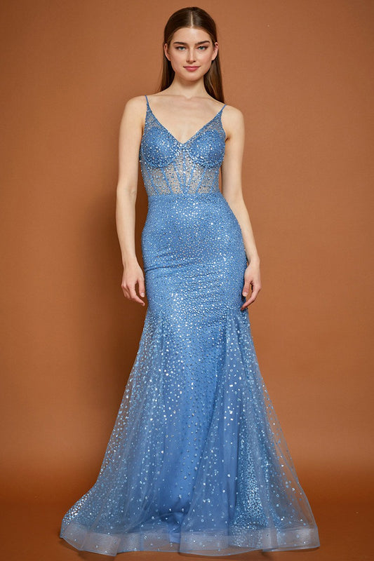 Blue Glitter Print Sleeveless Sweetheart Mermaid Dress