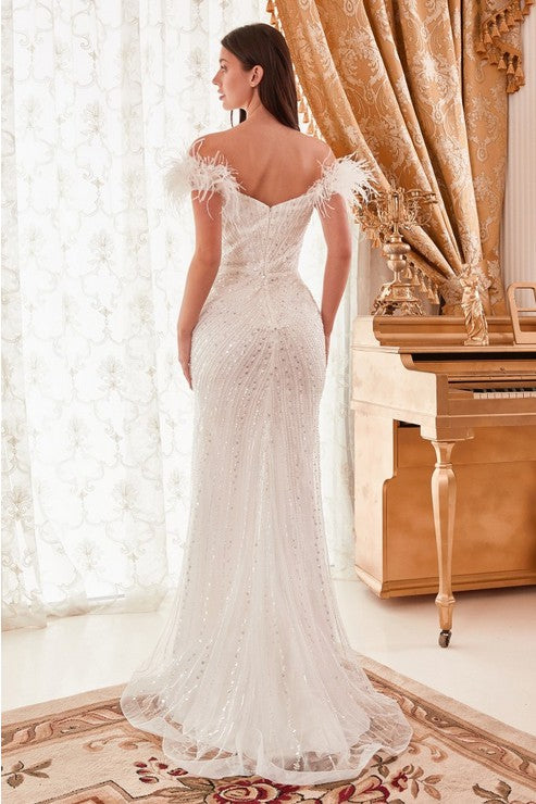 Sequin Feather Off the Shoulder Gown