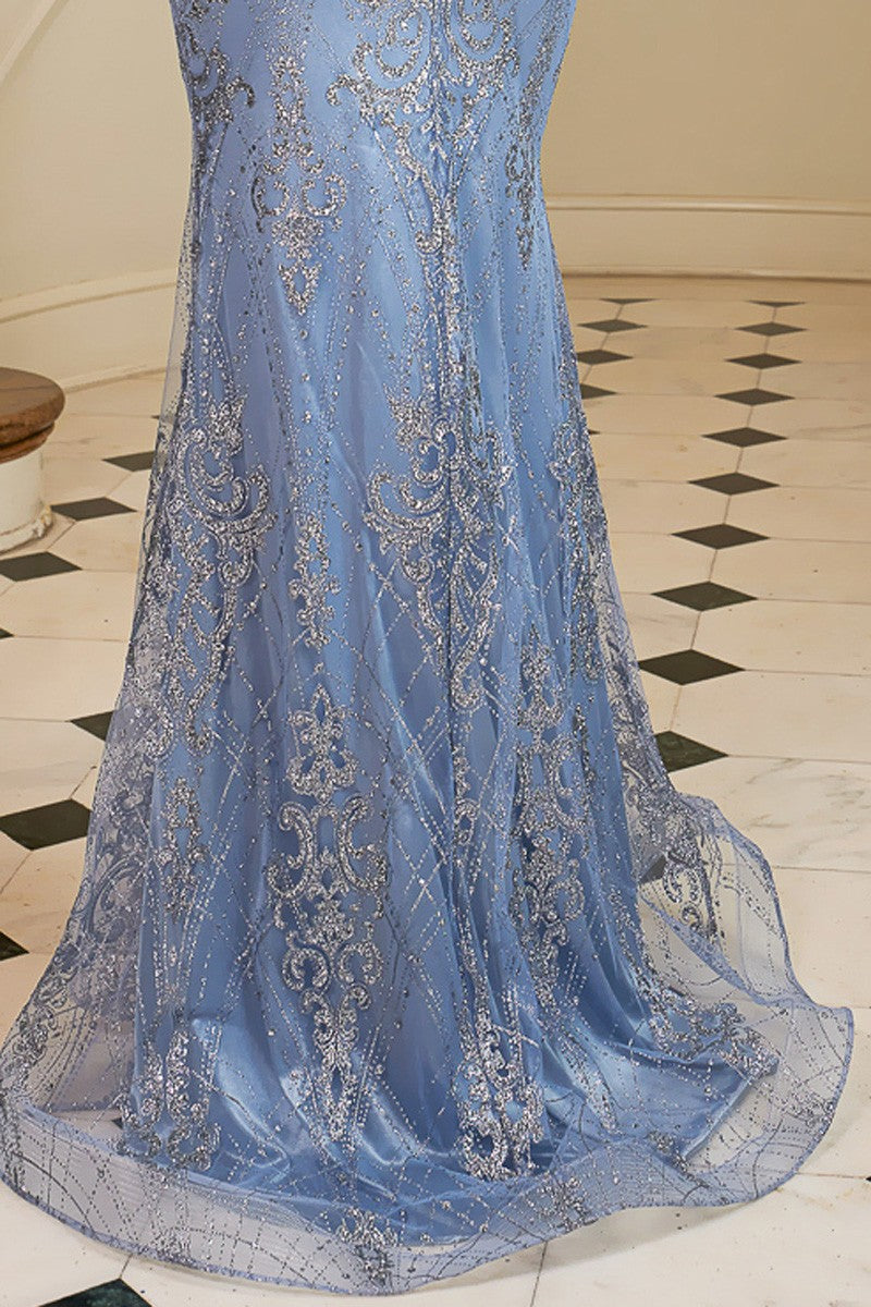 Illusion Top Glitter Print Dress with Feather Applique on the Shoulder.