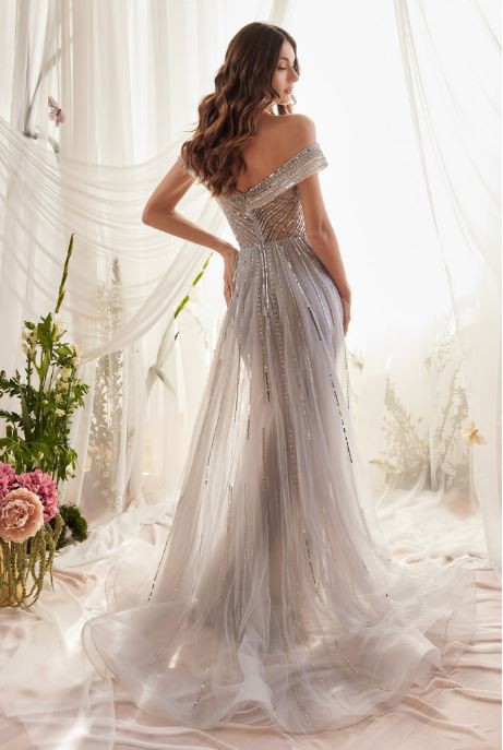 Silver Beaded Off the Shoulder Dress