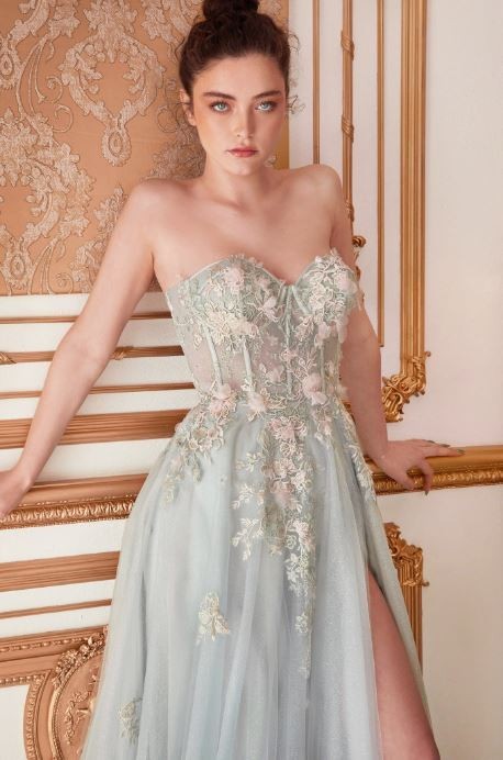Strapless Floral Applique Ball Gown