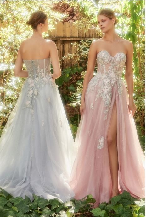 Strapless Floral Applique Ball Gown