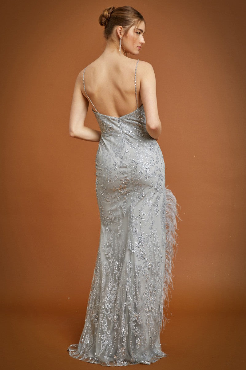 Silver Sleeveless Sequin Applique Dress w/Feathered Slit