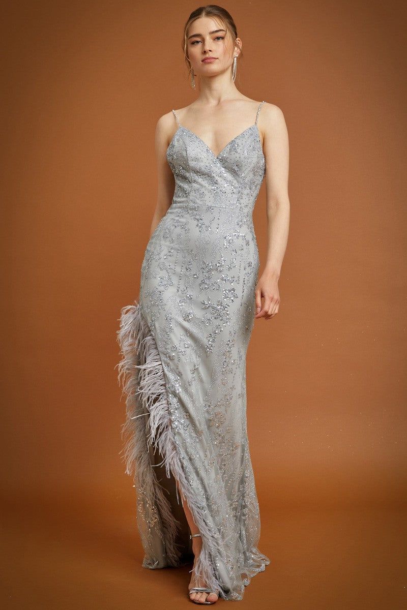 Silver Sleeveless Sequin Applique Dress w/Feathered Slit