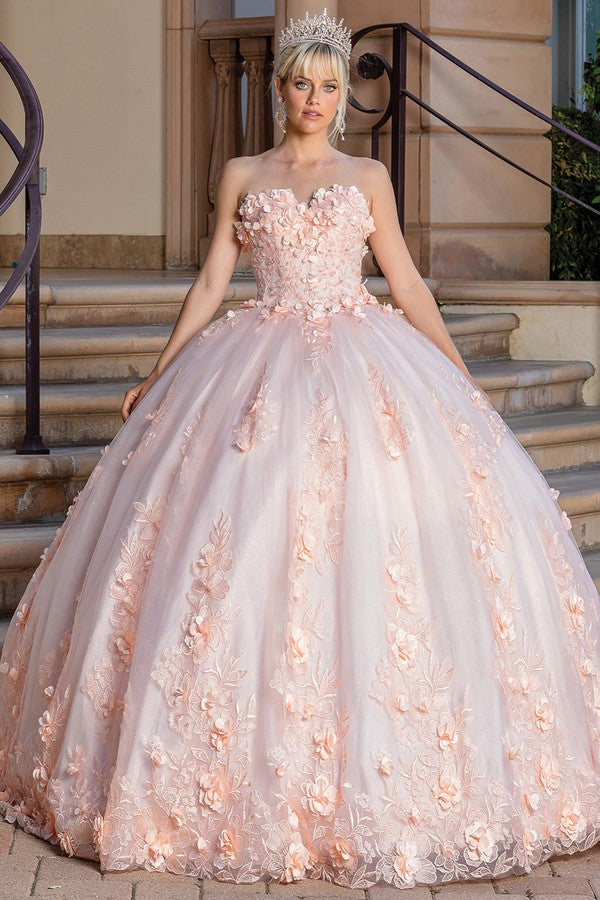 Peach Sleeveless 3D Floral Applique Quinceanera Dress