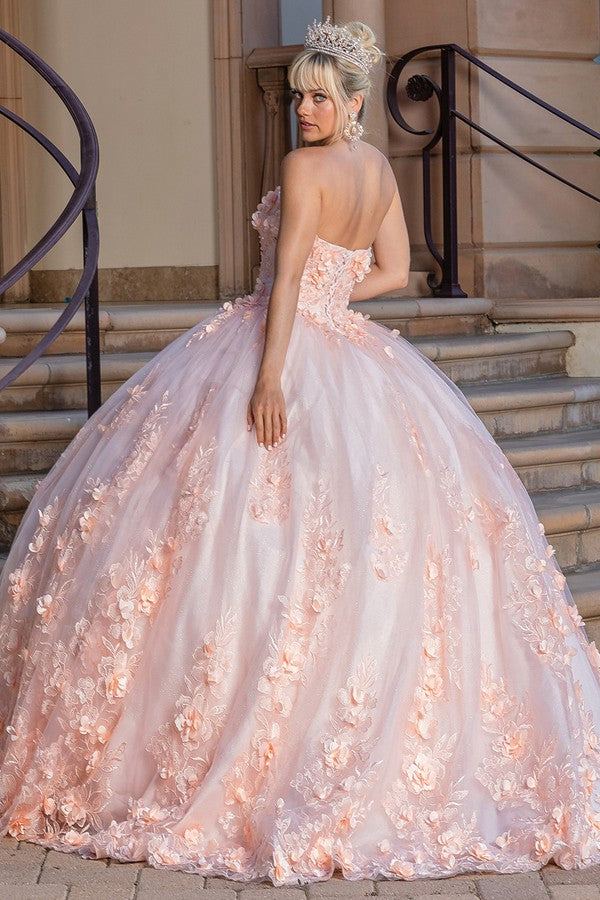 Peach Sleeveless 3D Floral Applique Quinceanera Dress
