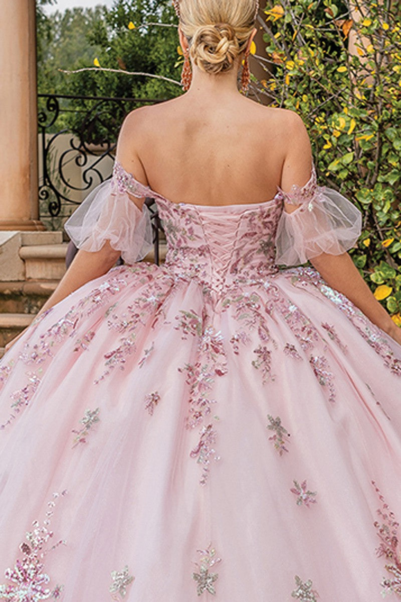Rose Gold Off Shoulder Embroidered Quinceanera Dress